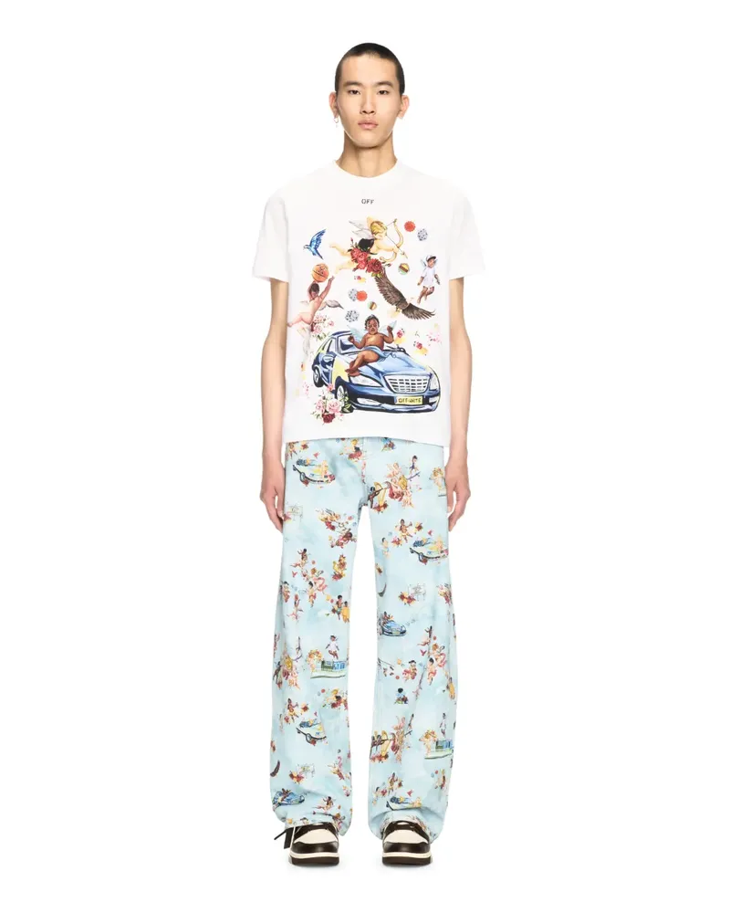 OFF-WHITE Weißes T-Shirt mit Auto Freskenstil Weiß