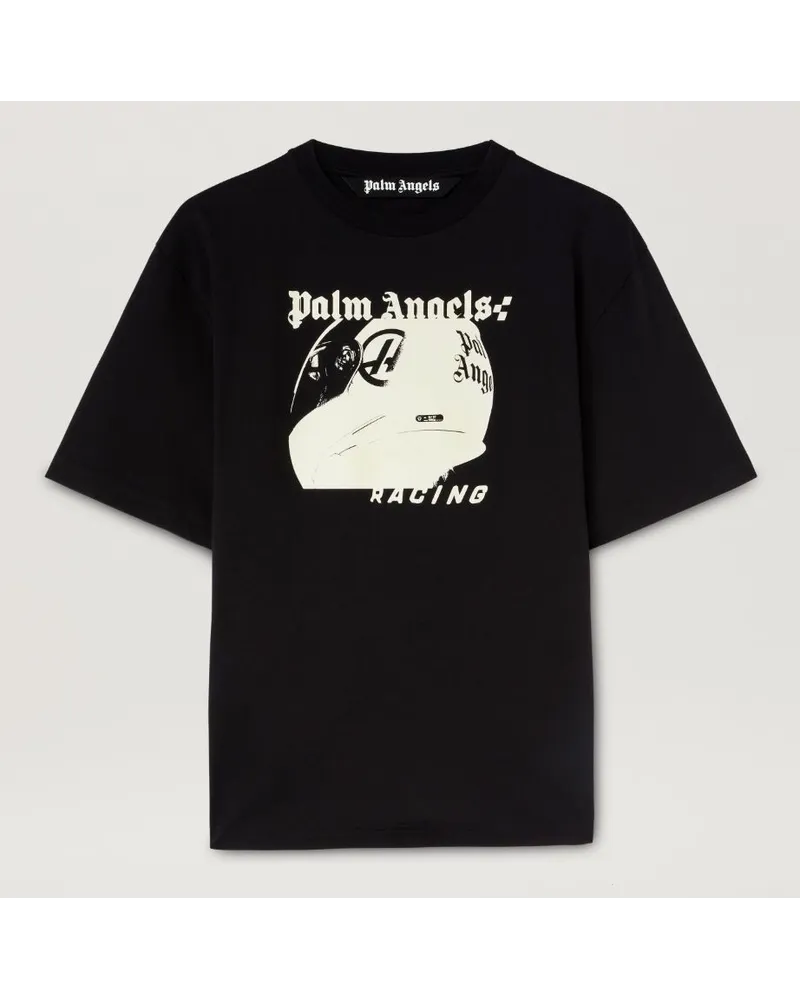 Palm Angels Weißes T-Shirt mit Rennhelm Schwarz