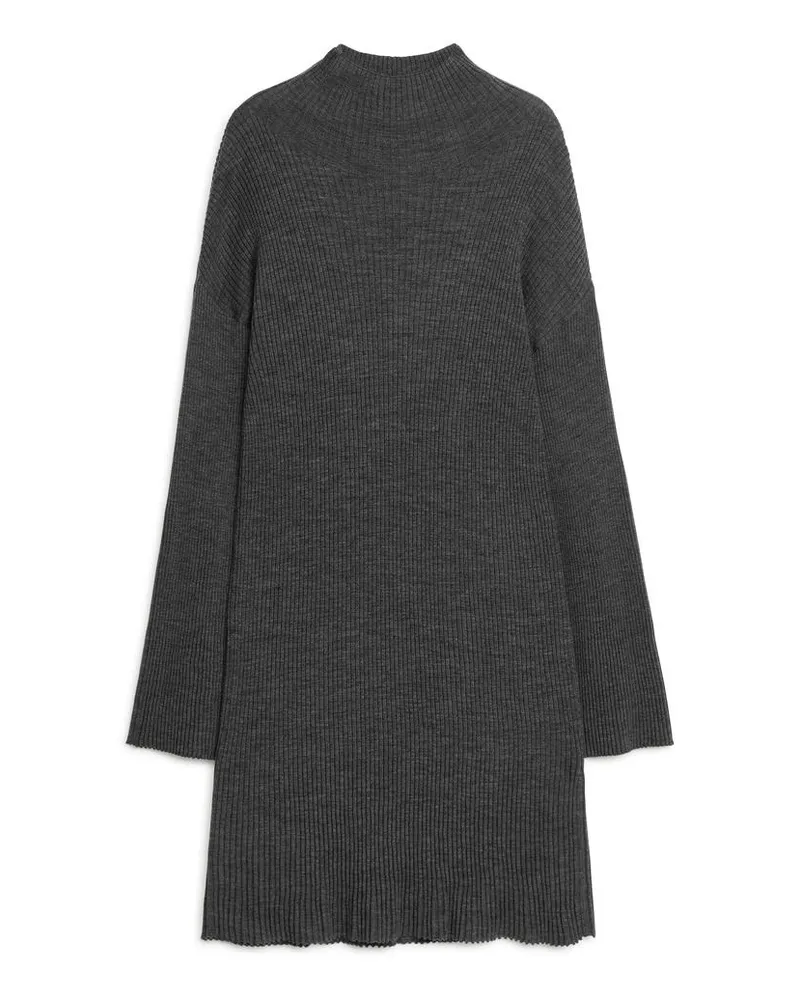 Arket Geripptes Kleid Aus Merinowollmischung - Grau|Schwarz Graumeliert
