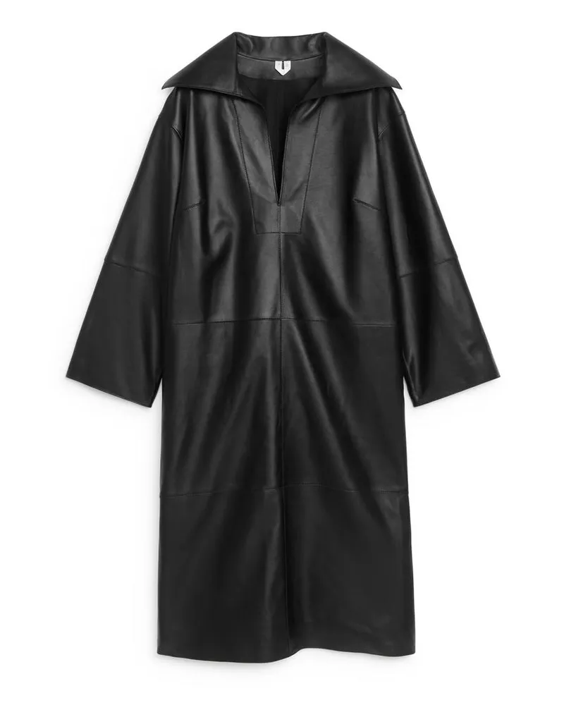 Arket Lederkleid Mit Schlitz - Schwarz Schwarz