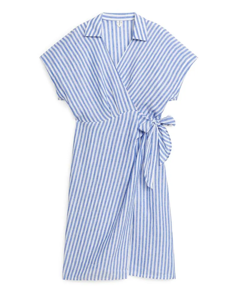 Arket Wickelkleid In Midilänge Aus Leinen - Blau|Mehrfarbig|Weiß Blau