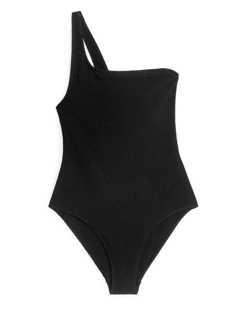 Arket One-Shoulder-Badeanzug In Crinkle-Optik - Schwarz Schwarz