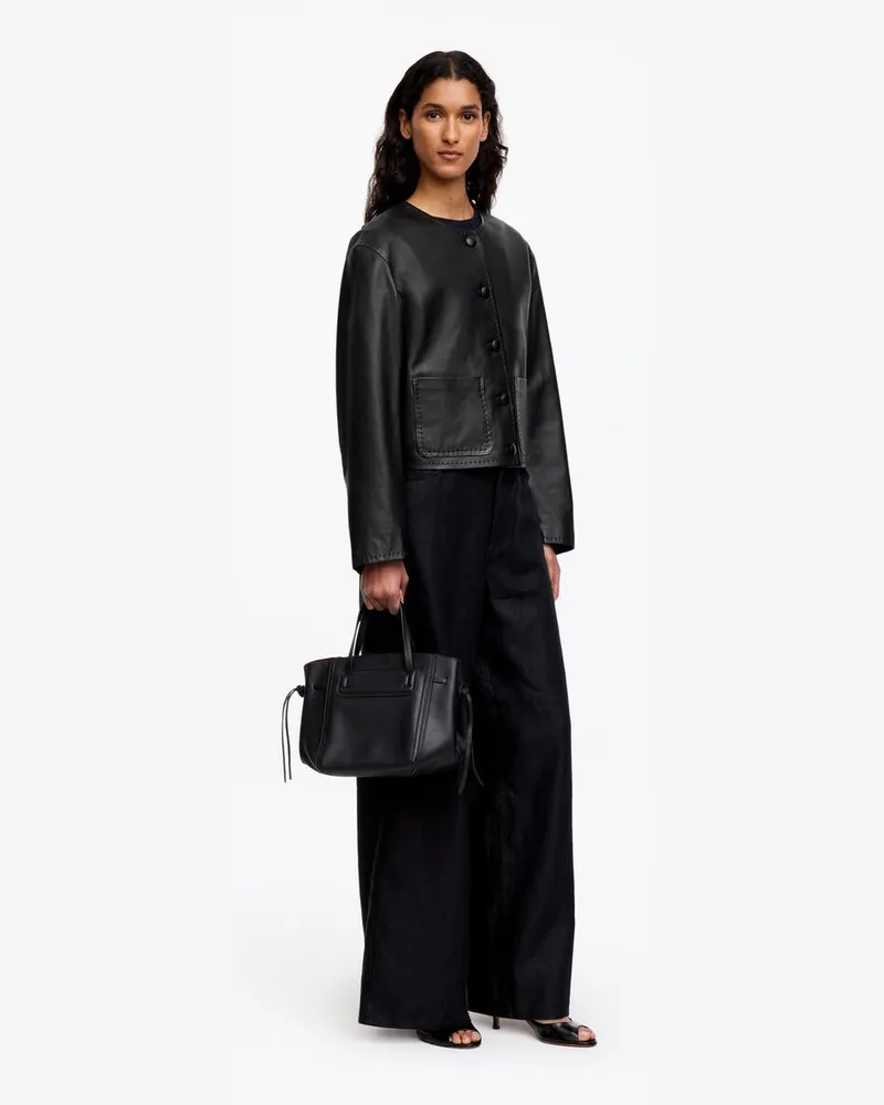 Arket Lederjacke Ohne Kragen -Schwarz Schwarz