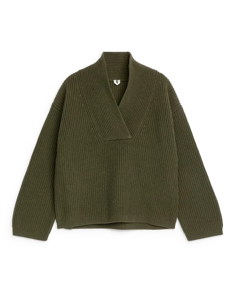 Arket Pullover Mit Schalkragen - Grün Khaki