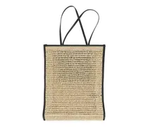 Strohtasche Mit Lederbesatz - Beige|Schwarz|Mehrfarbig