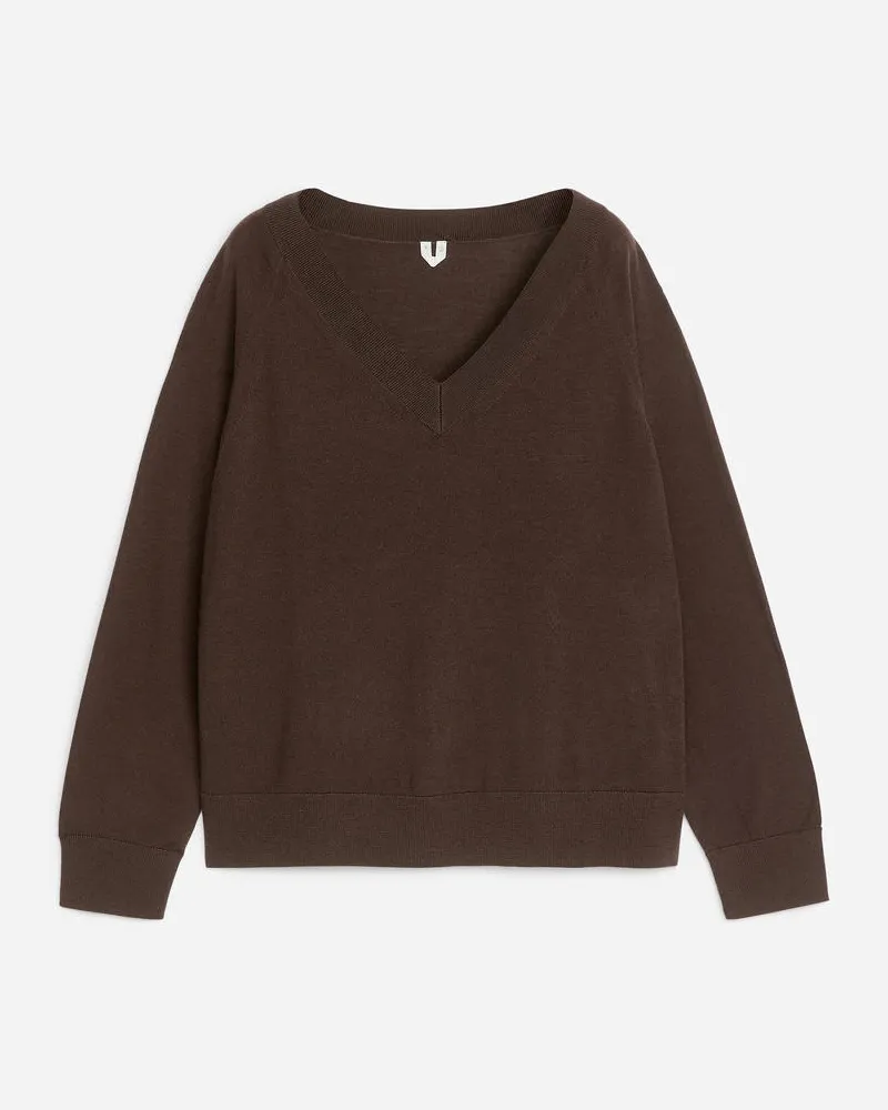 Arket Pullover Mit V-Ausschnitt Aus Merinowolle - Braun Dunkelbraun