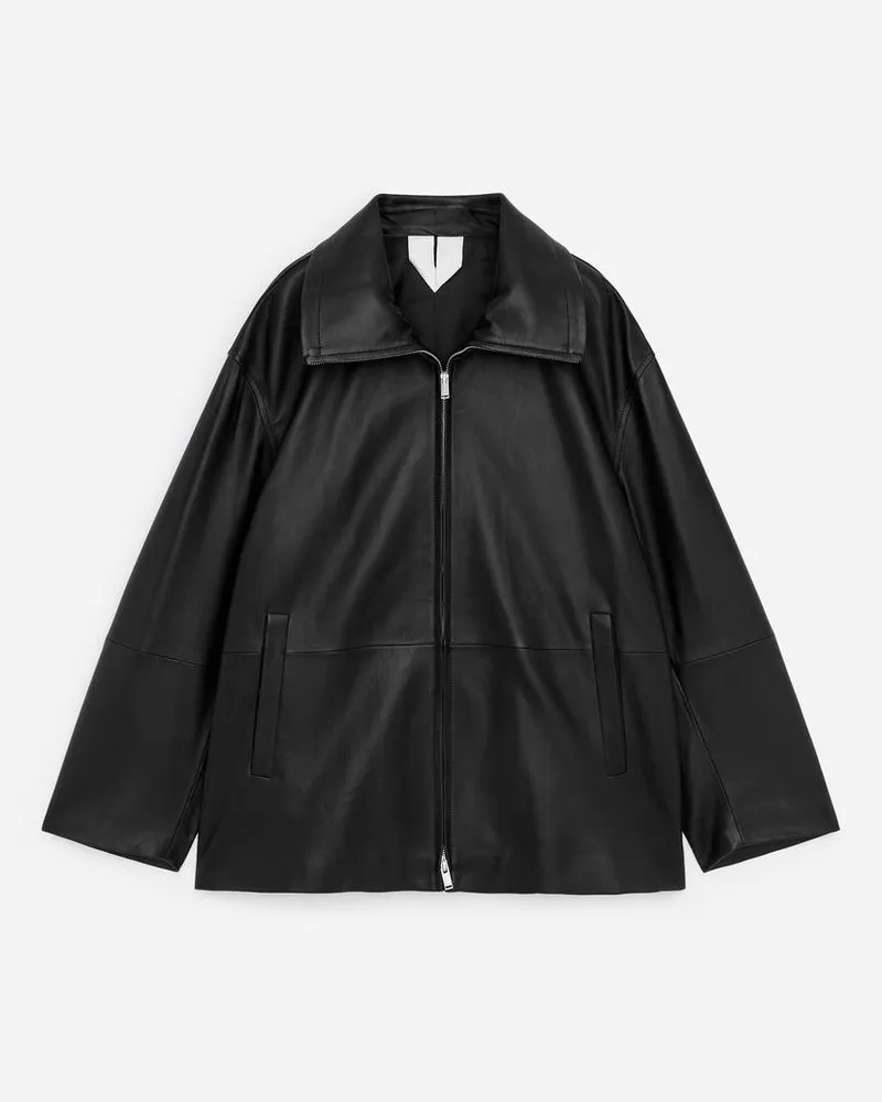 Arket Lederjacke Mit Stehkragen -Schwarz Schwarz