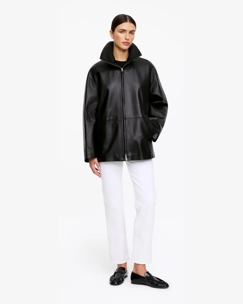 Arket Lederjacke Mit Stehkragen -Schwarz Schwarz