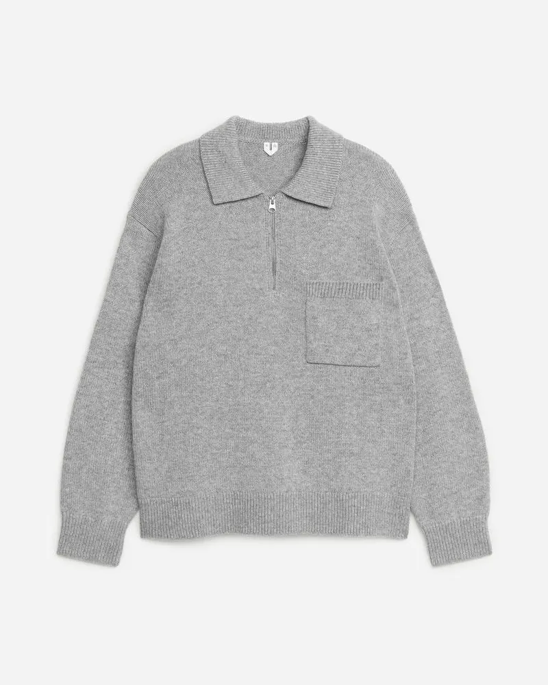 Arket Gestricktes Polohemd Aus Wolle, Mit Reißverschluss - Grau Grau