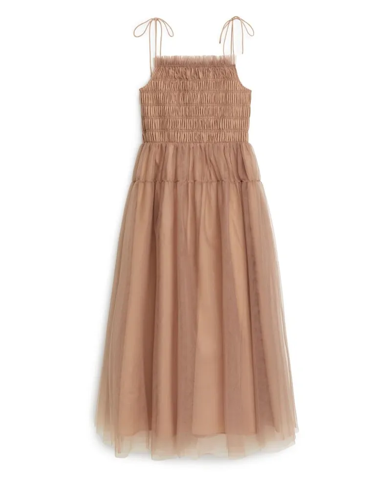 Arket Gesmoktes Tüllkleid - Beige|Rosa Dunkelbeige