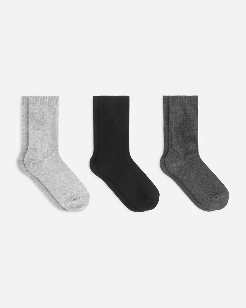 Arket Gerippte Baumwollsocken, 3Er-Pack - Schwarz|Grau|Mehrfarbig Hellgrau