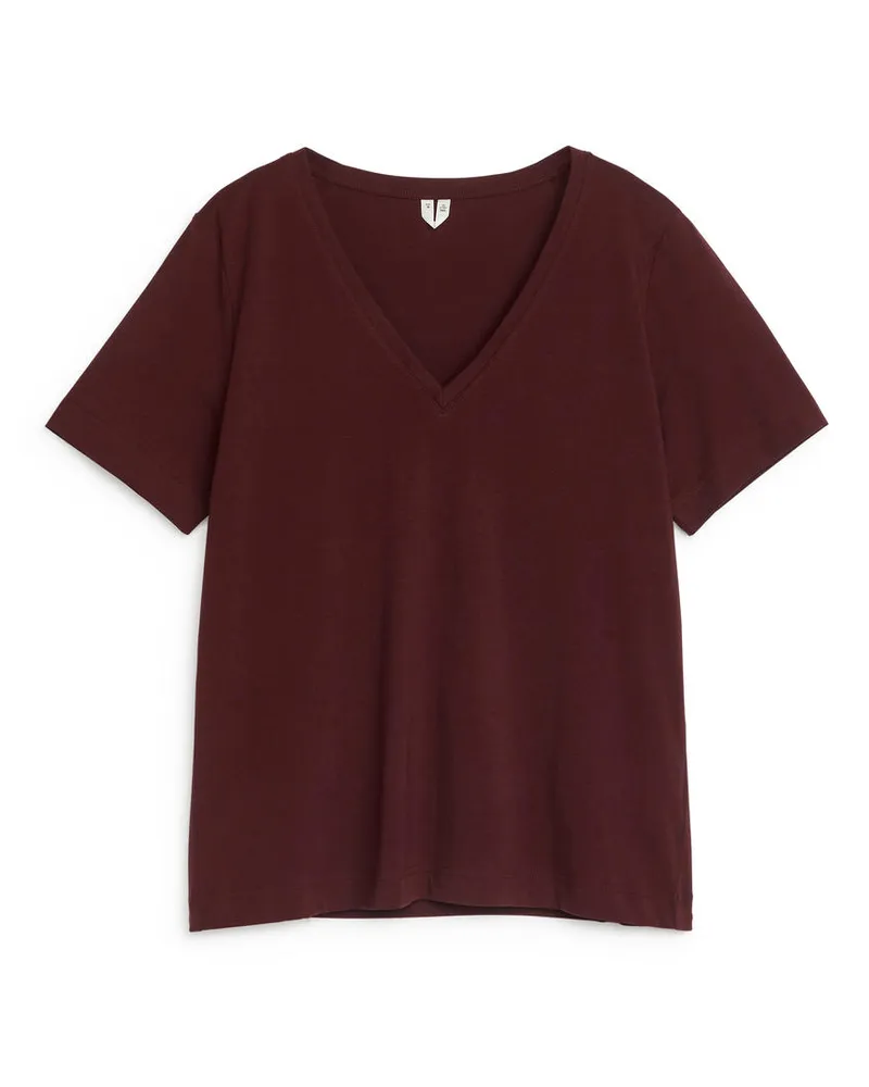 Arket T-Shirt Mit V-Ausschnitt - Rot Weinrot