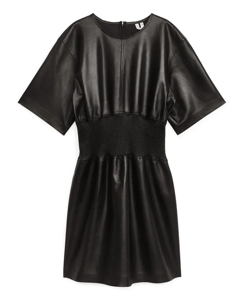 Arket Lederkleid Mit Gerippter Taille - Schwarz Schwarz