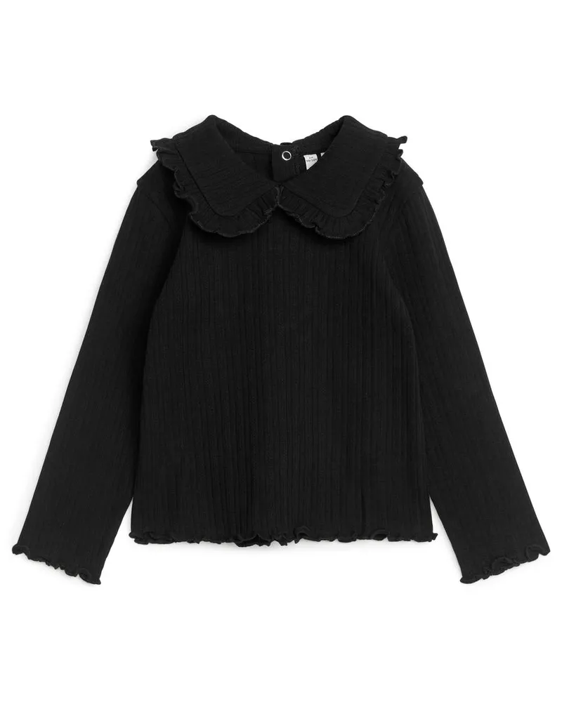 Arket Pointelle-Oberteil Mit Rüschenkragen -Schwarz Schwarz