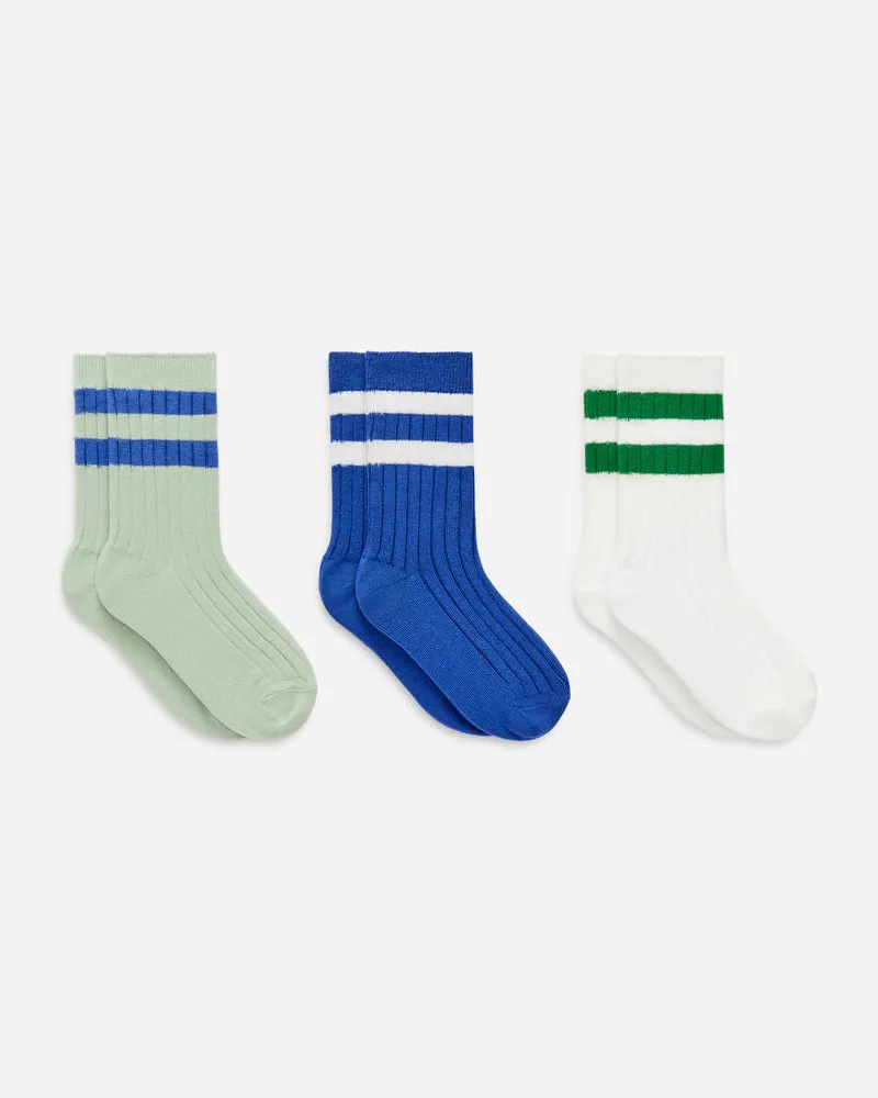 Arket Gerippte Socken, 3Er-Pack - Blau|Grün|Weiß|Mehrfarbig Grün