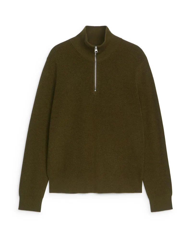 Arket Pullover Aus Wolle Und Baumwolle Mit Kurzem Reißverschluss - Grün Dunkelgrün