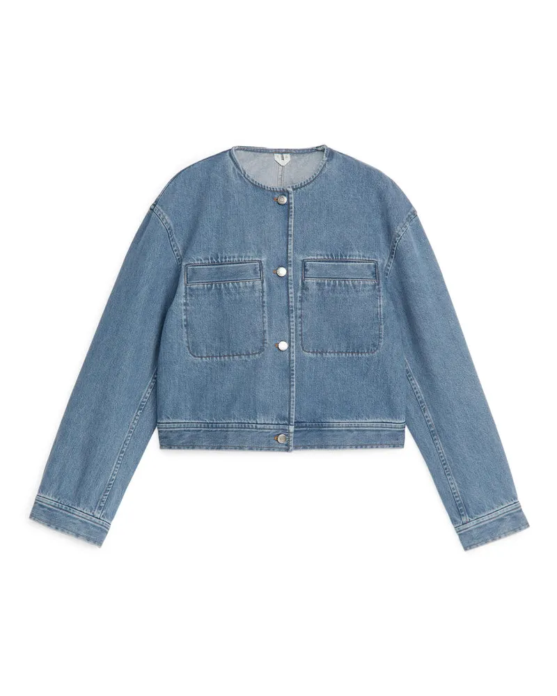 Arket Jeansjacke Ohne Kragen Mittelblau