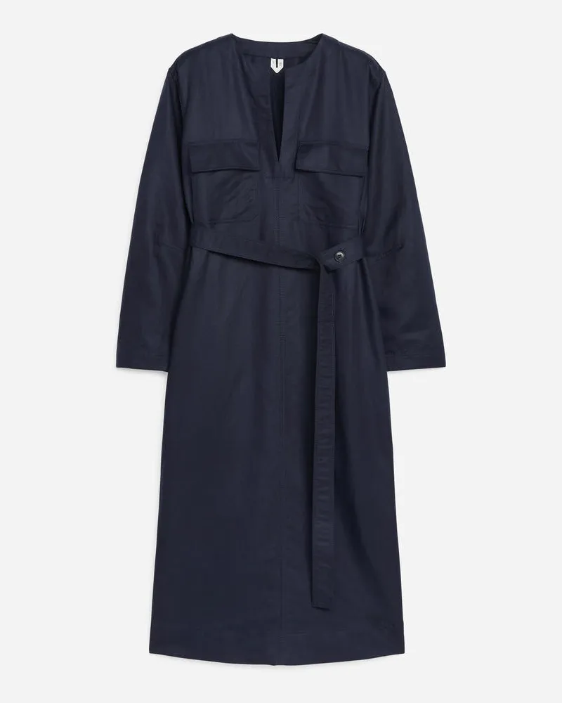 Arket Kleid Aus Leinen Und Lyocell -Blau Blau