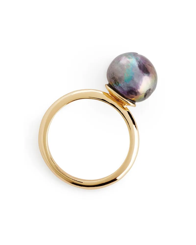 Arket Ring Mit Süßwasserperle - Grau|Goldfarben Dunkle