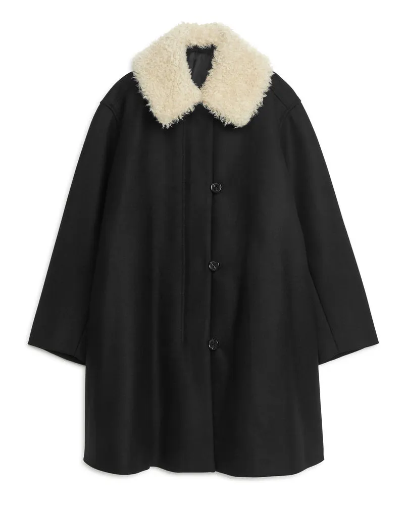 Arket Mantel Mit Kunstfellkragen - Schwarz Schwarz