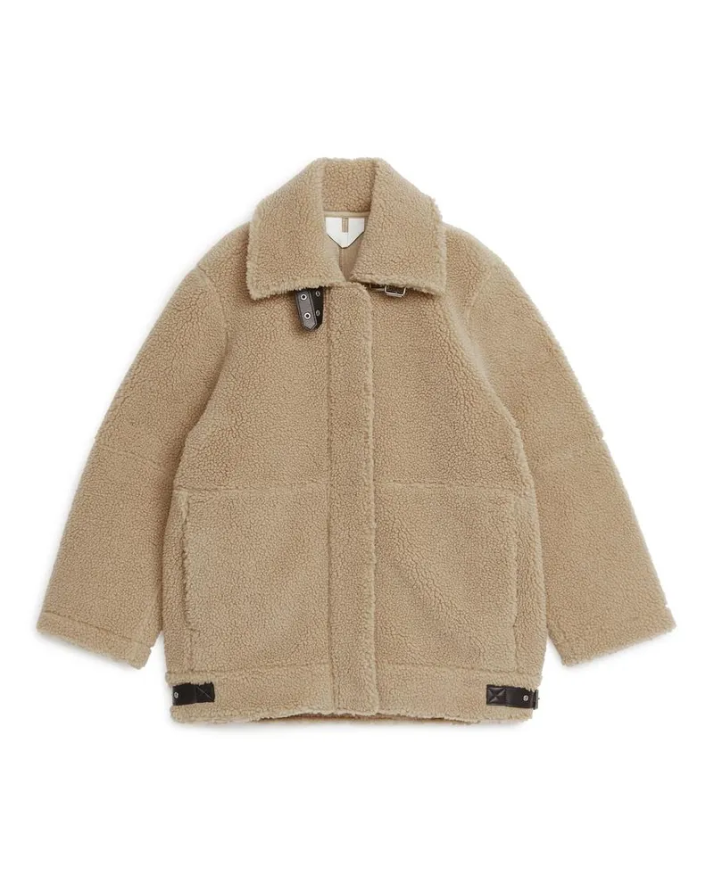 Arket Oversize-Teddyjacke Mit Lederbesatz - Beige Dunkelbeige