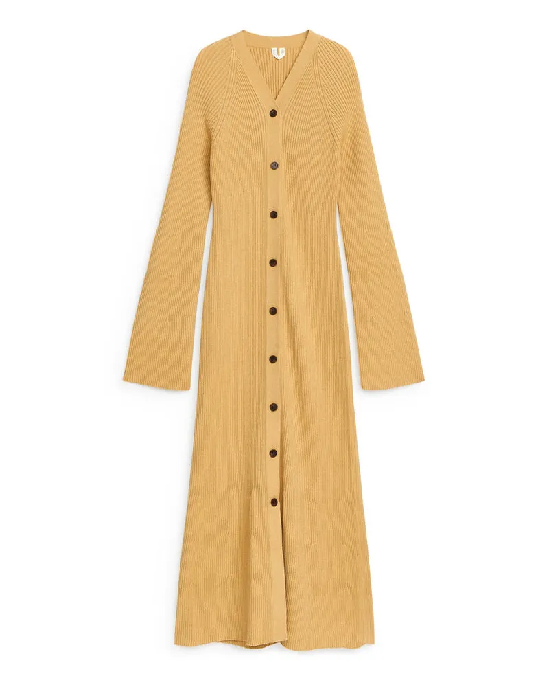 Arket Geripptes Kleid Mit Knöpfen - Gelb Senfgelb