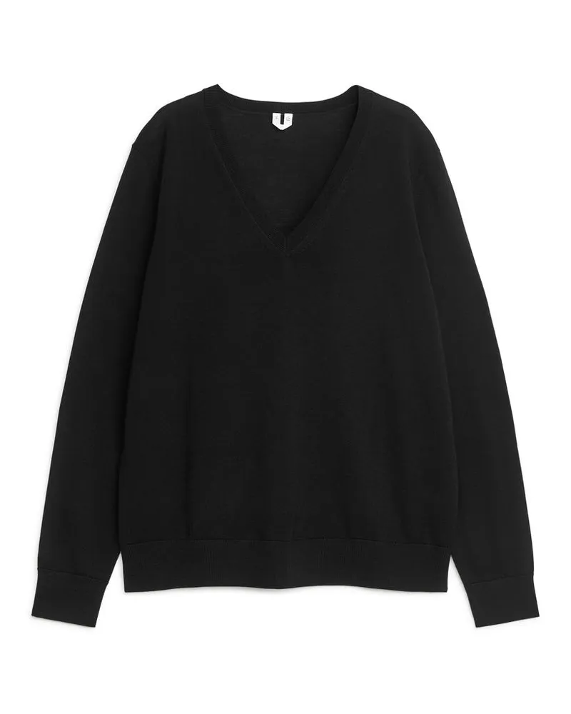 Arket Pullover Mit V-Ausschnitt Aus Merinowolle - Schwarz Schwarz