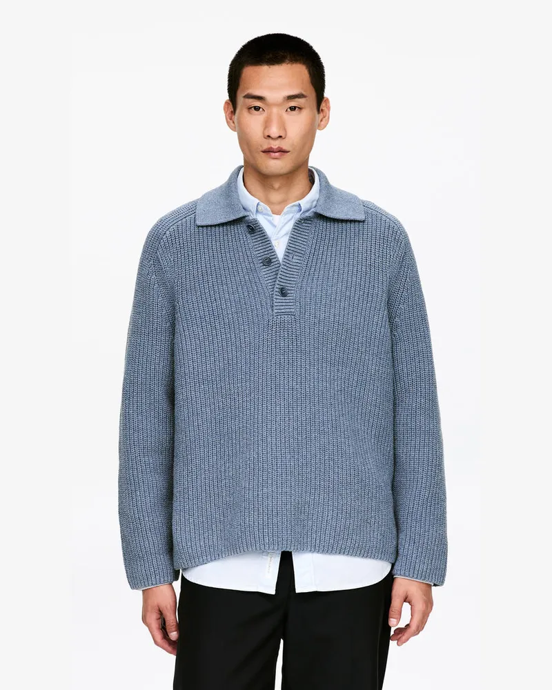 Arket Grobstrick-Polopullover Aus Baumwollmischung -Blau Blau