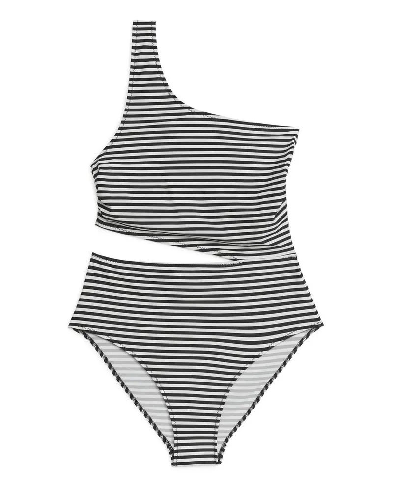 Arket Einschultriger Badeanzug Mit Cut-Out - Schwarz|Mehrfarbig|Weiß Cremeweiß