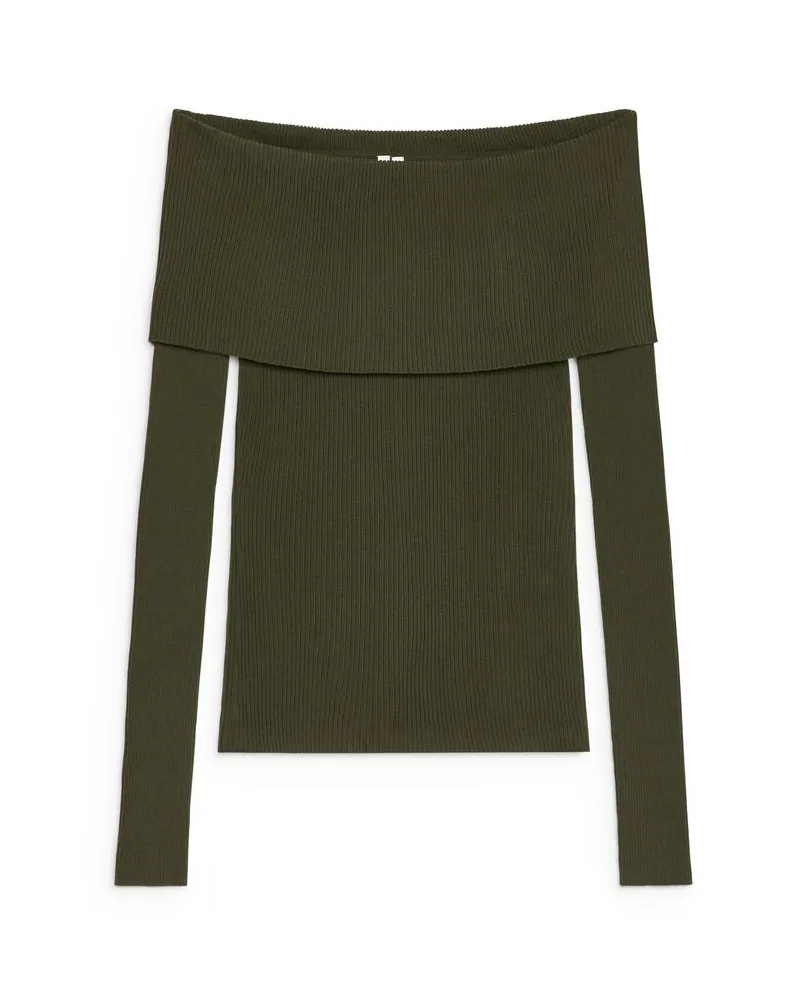 Arket Geripptes Off-Shoulder-Oberteil - Grün Dunkelgrün