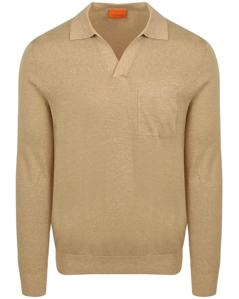Suitable Longsleeve Knitted Poloshirt Riva Pocket Sand Beige