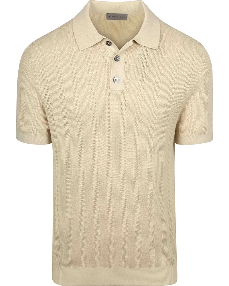 Suitable Gestricktes Jacquard-Poloshirt Sand Wollweiß