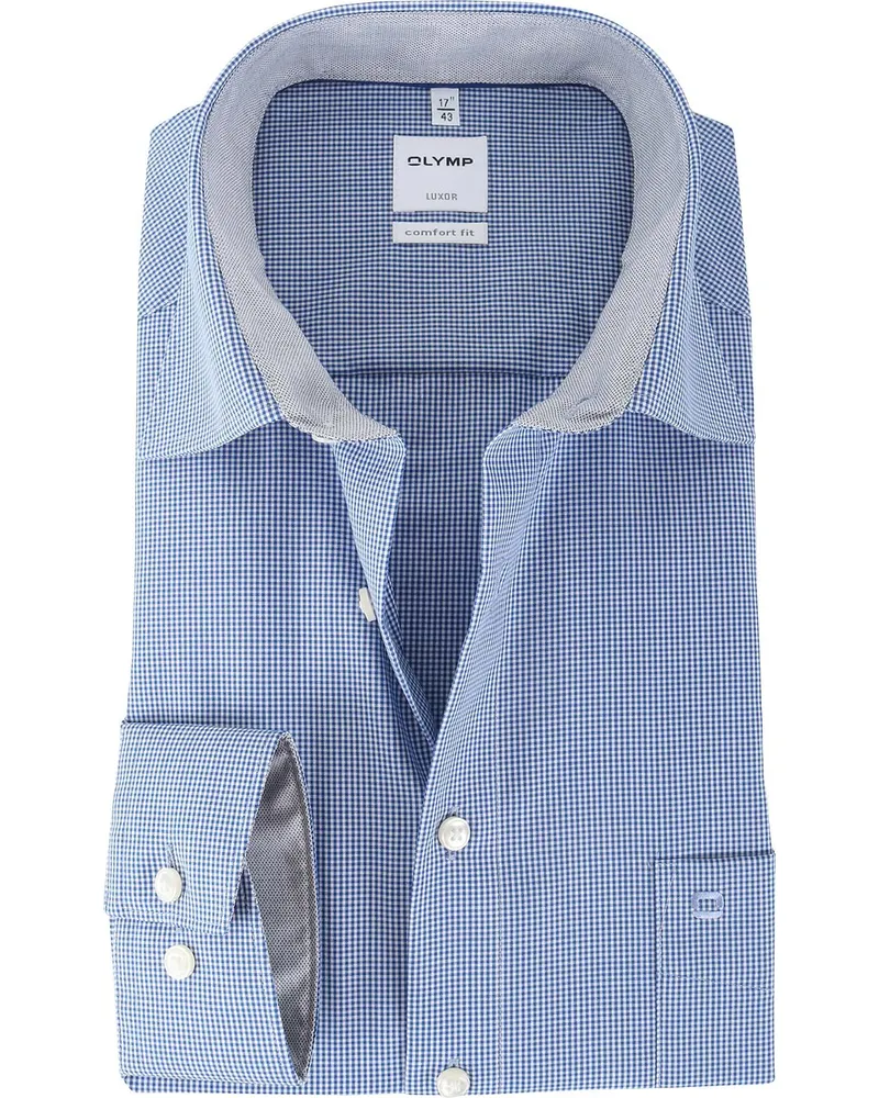 Olymp Luxor Bügelfrei Hemd Blau Karo Comfort Fit Blau