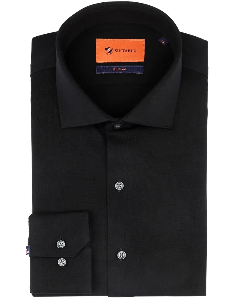 Suitable Hemd Knitted Pique Schwarz Schwarz