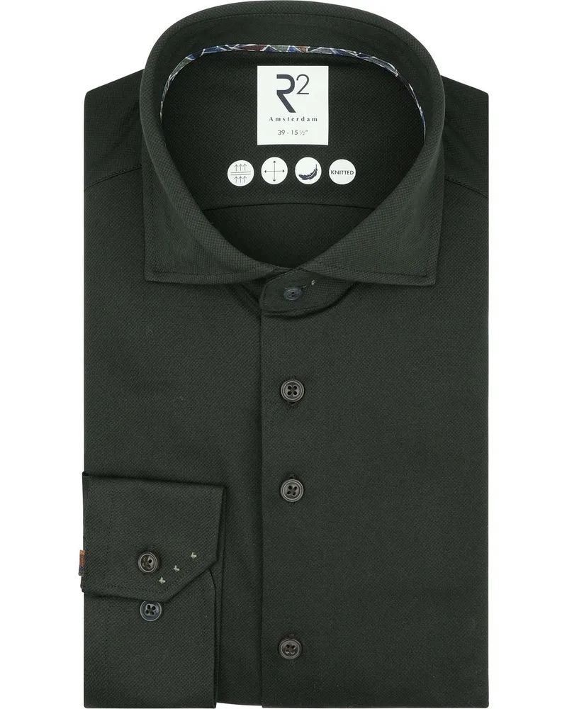 R2 Amsterdam Hemd Dobby Travel Dark Green Dunkelgrün