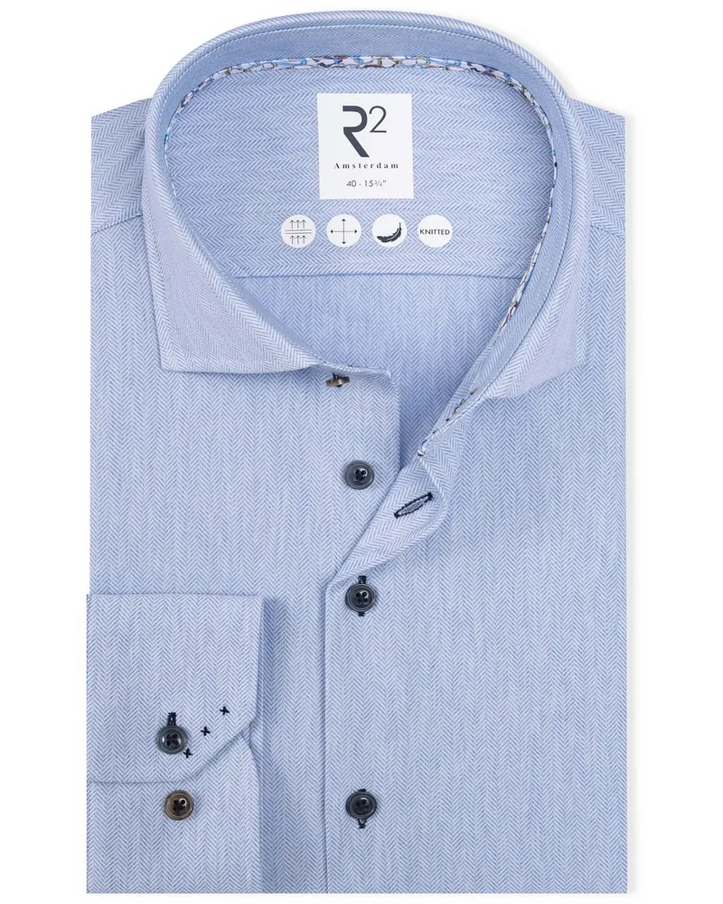 R2 Amsterdam R2 Knitted Travel Hemd Herringbone Hellblau Hellblau