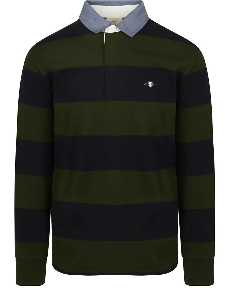 Gant Heavy Rugger Shield Langarm Poloshirt Streifen Navy Grun Dunkelgrün