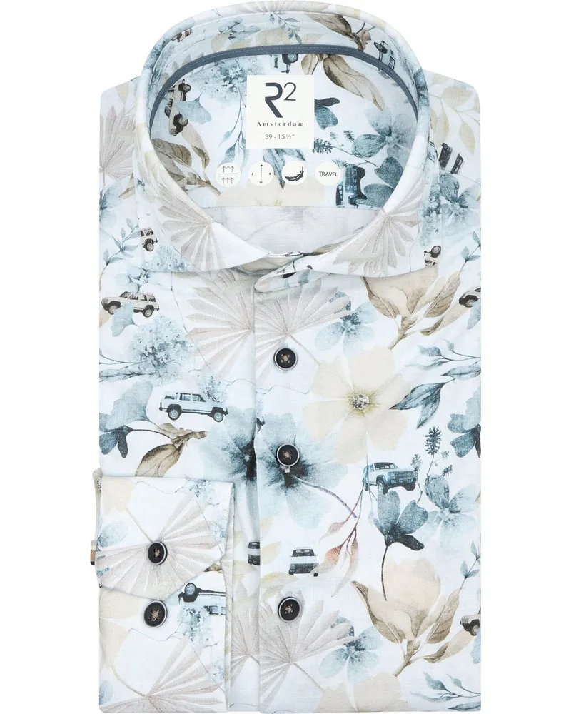 R2 Amsterdam Hemd Blumenprint Beige Hellblau