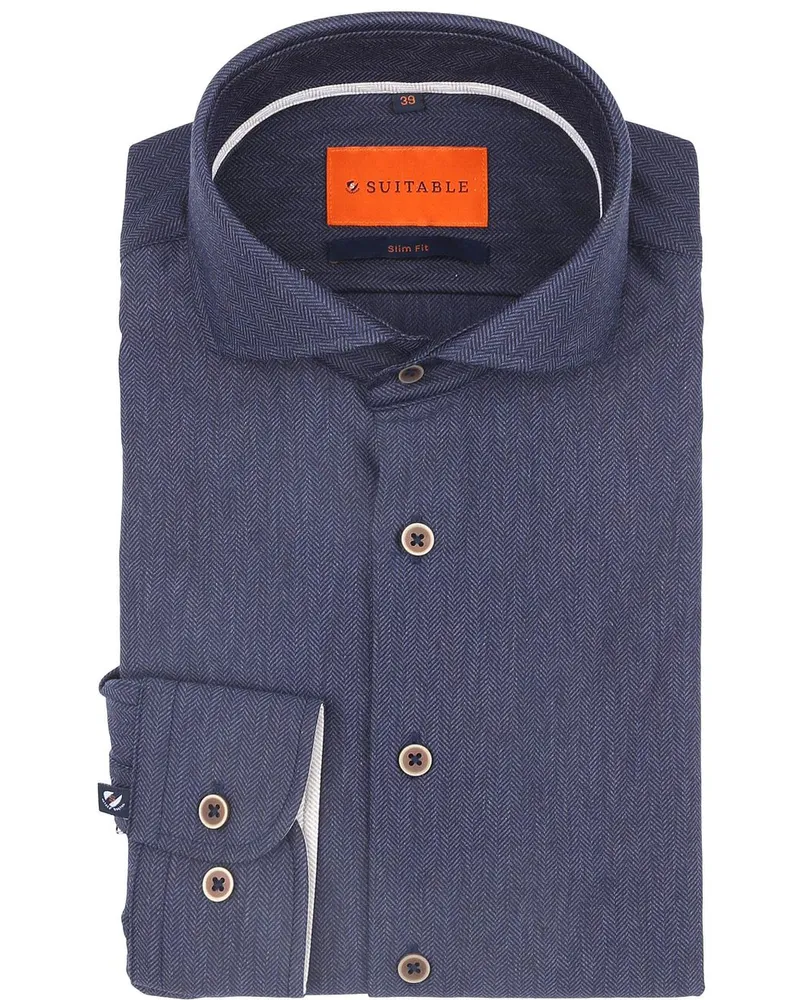 Suitable Herringbone Hemd Navy Dunkelblau