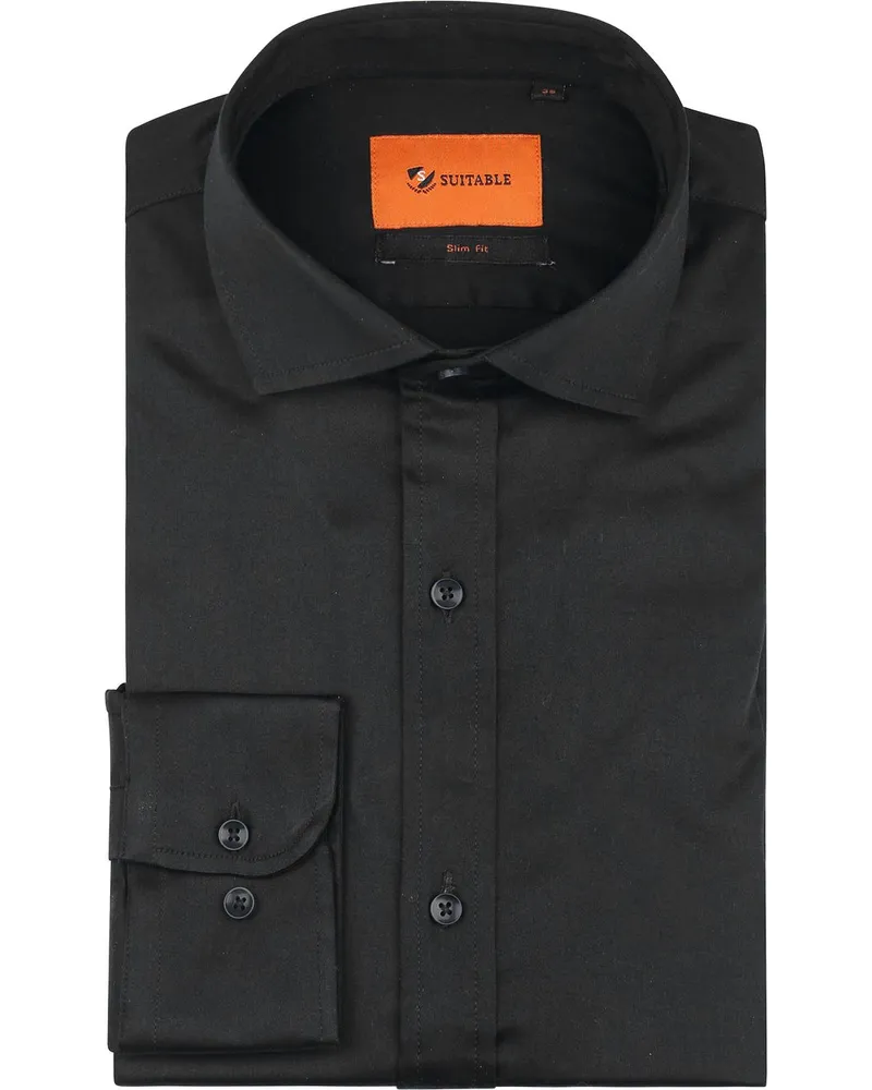 Suitable Satin Hemd Schwarz Schwarz
