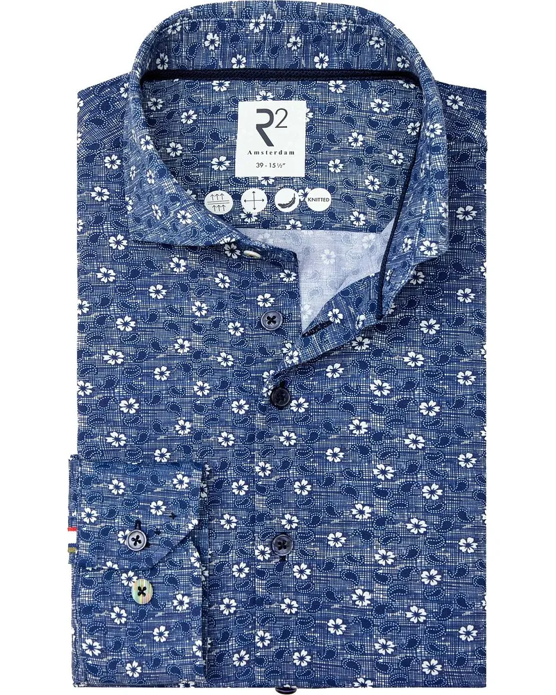 R2 Amsterdam R2 Hemd Tech Knit Flowers & Paisley Blau Dunkelblau