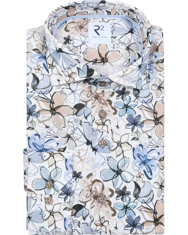 R2 Amsterdam R2 Hemd Leinen Blend Flowers Blau Beige Blau