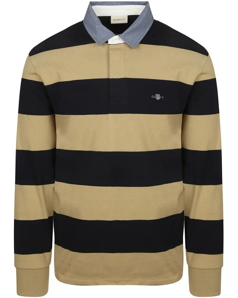 Gant Heavy Rugger Shield Langarm Poloshirt Streifen Navy Beige Blau