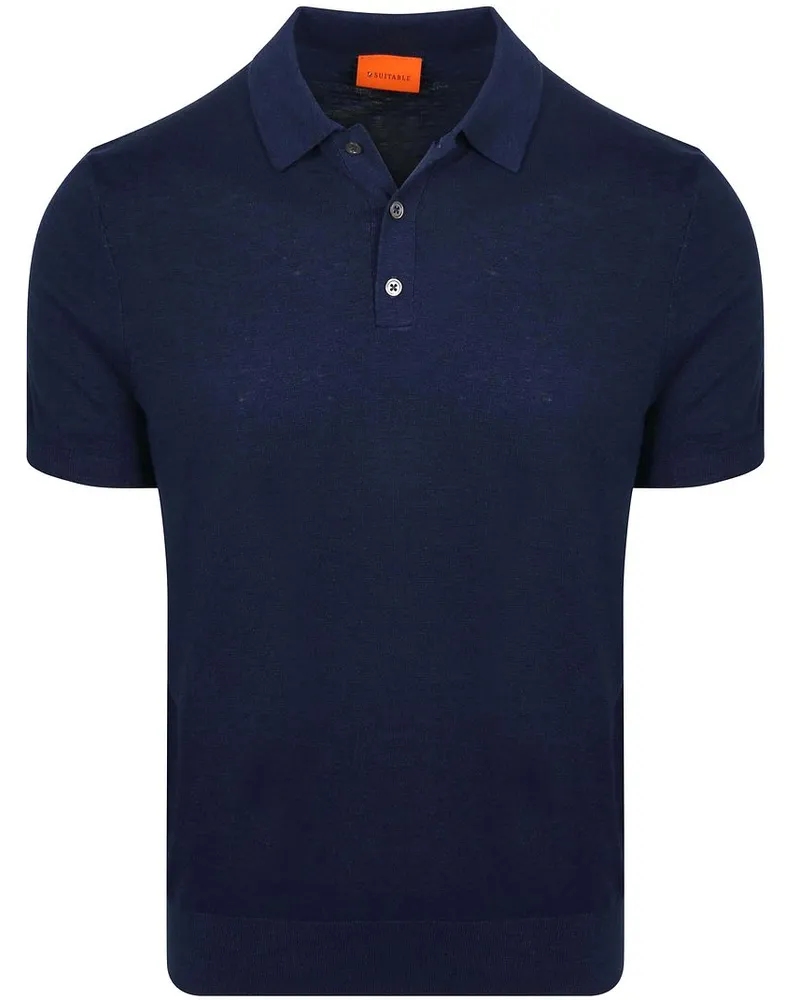 Suitable Knitted Poloshirt Cotton Linen Navy Dunkelblau