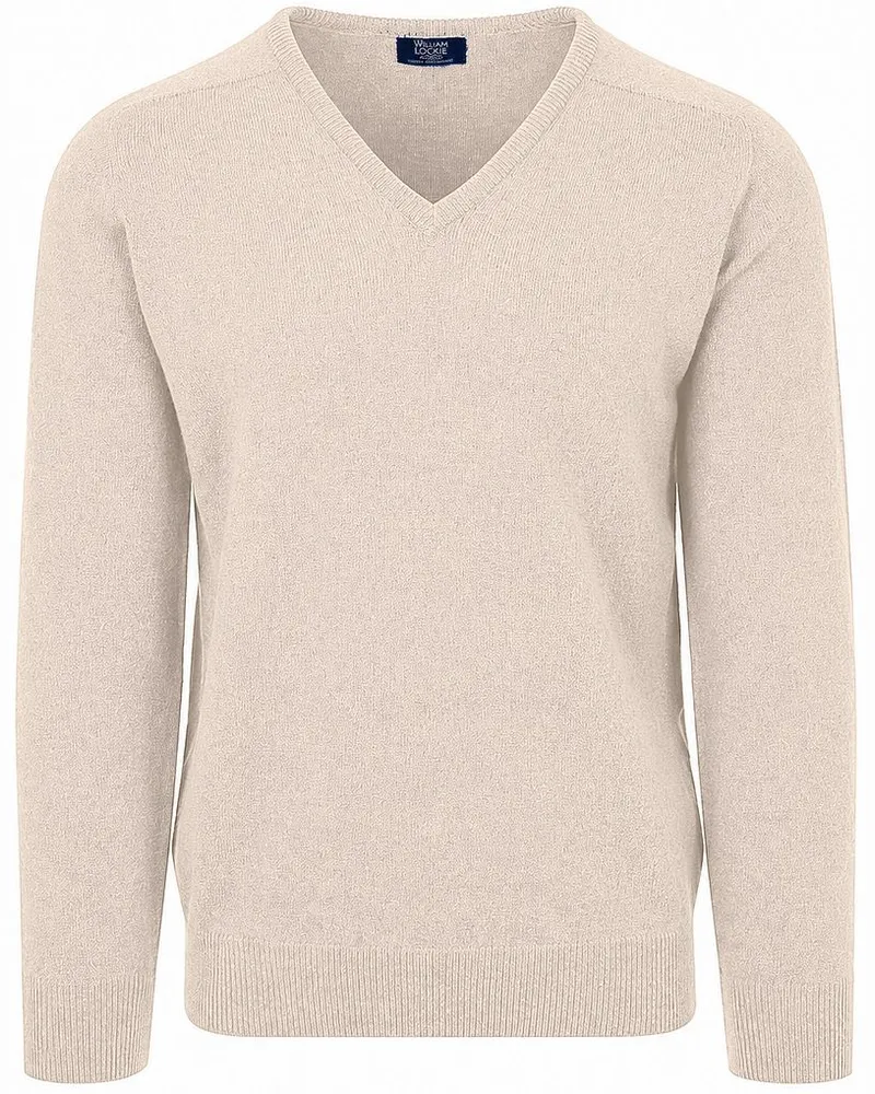 William Lockie V-Ausschnitt Pullover Lammwolle Linen Wollweiß