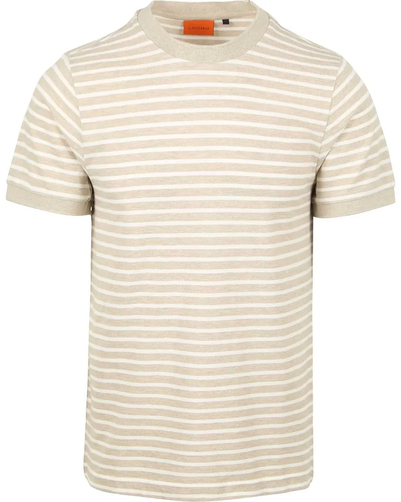 Suitable T-shirt Isaac Stripe Piqué Pebble Beige