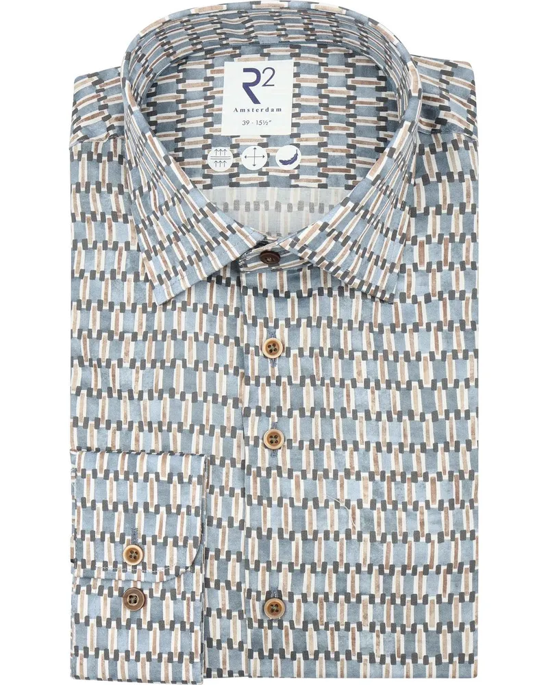R2 Amsterdam Popeline Hemd Print Blue Blau