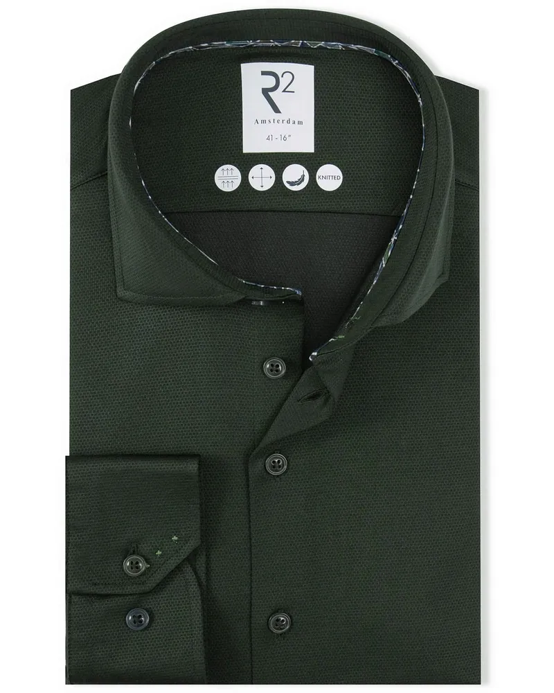 R2 Amsterdam R2 Hemd Dobby Travel Shirt Dunkelgrün Grün