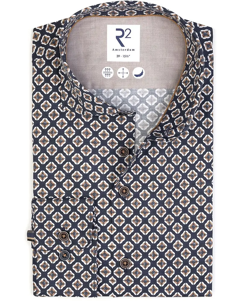 R2 Amsterdam R2 Hemd Camel Flower Druck Navy Blau
