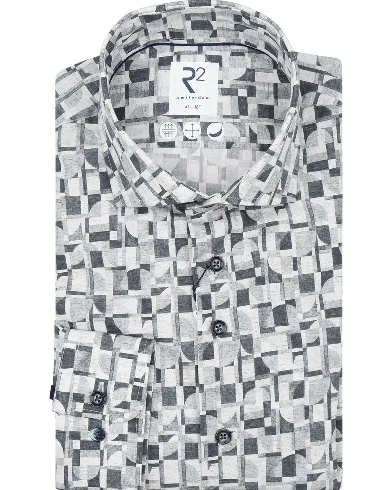 R2 Amsterdam Popeline Hemd Print Grey Grau